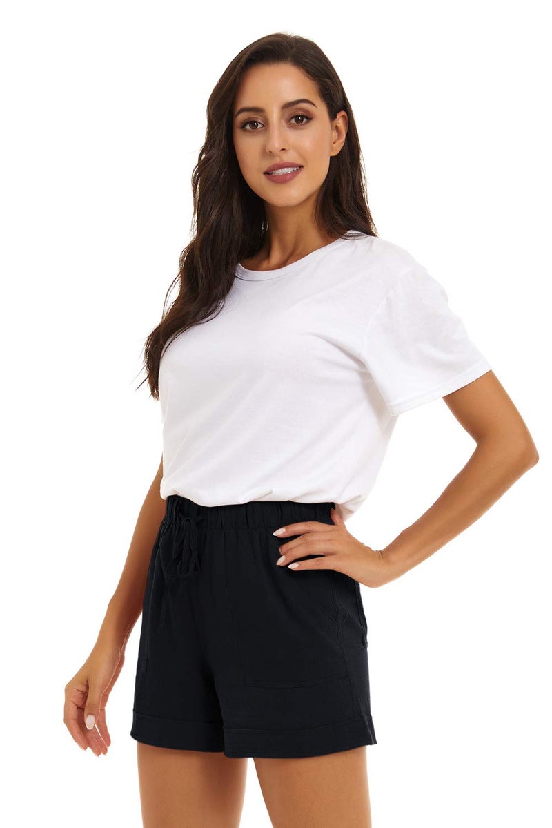 KINGFEN Womens Shorts Pull On Lounge Black Shorts for Women Casual Summer Beach Comfy Elastic Waist Drawstring Cotton Linen Short with Pockets Black Small - Image 5